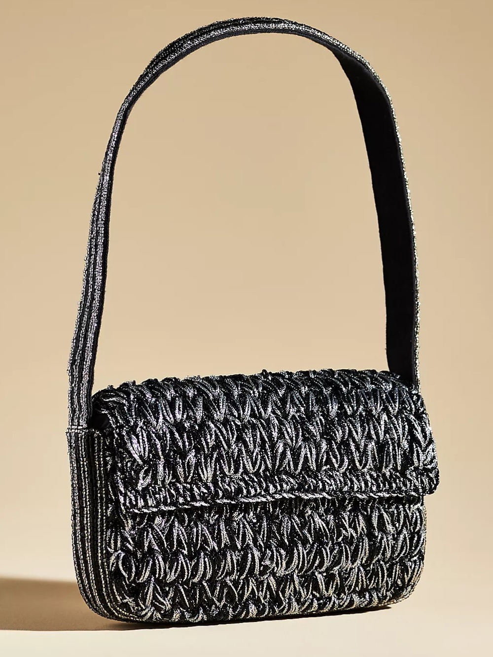 Anthropologie Fiona Beaded Bag Crochet Edition Black Silver Tommy Shoulder